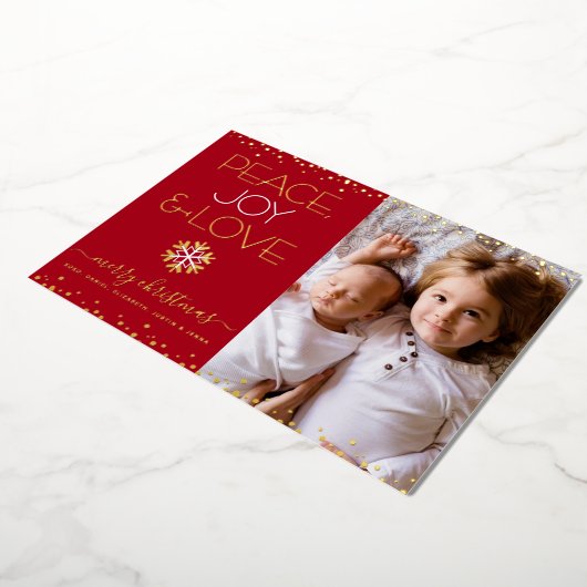 Rode Kerstmis Vrede Vreugde Liefde Foto Echt Goud Folie Feestdagenkaart (Gedraaid)