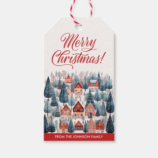 Rode Kerstmis Winterdorp Vakantie Cadeaulabel (Voorkant)