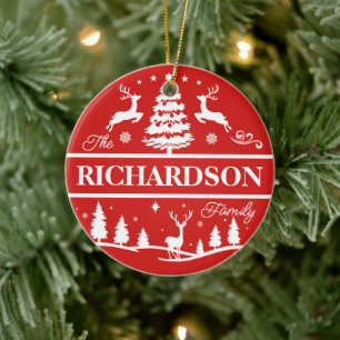 Rode Kerstmis Witte Familienaam Douane Monogram Keramisch Ornament