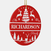 Rode Kerstmis Witte Familienaam Douane | Monogram Keramisch Ornament (Rechts)