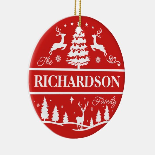 Rode Kerstmis Witte Familienaam Douane | Monogram Keramisch Ornament (Rechts)