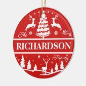 Rode Kerstmis Witte Familienaam Douane | Monogram Keramisch Ornament (Links)