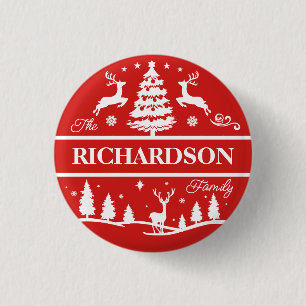 Rode Kerstmis Witte Familienaam Gepersonaliseerde  Ronde Button 3,2 Cm