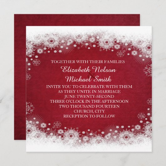 Rode Kerstmis Witte Sneeuwvlokken Bruiloft Uitnodi Kaart (Voorkant / Achterkant)