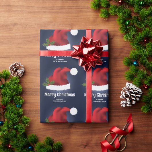 Rode Kerstmuts op Blauw met Aangepaste Tekst Cadeaupapier (Feestdagen Geschenken)