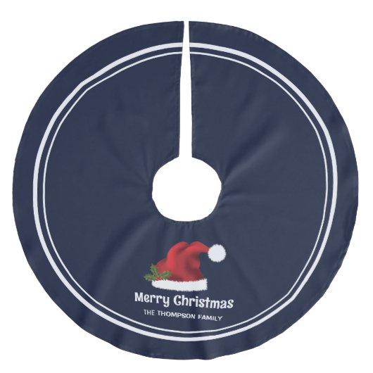 Rode Kerstmuts op Blauw met Aangepaste Tekst Kerstboom Rok (Voorkant)