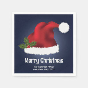 Rode Kerstmuts op Blauw met Aangepaste Tekst Servet