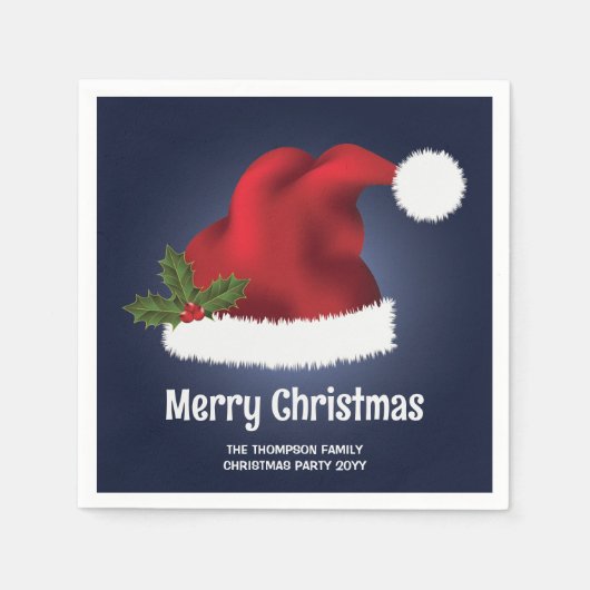 Rode Kerstmuts op Blauw met Aangepaste Tekst Servet (Voorkant)