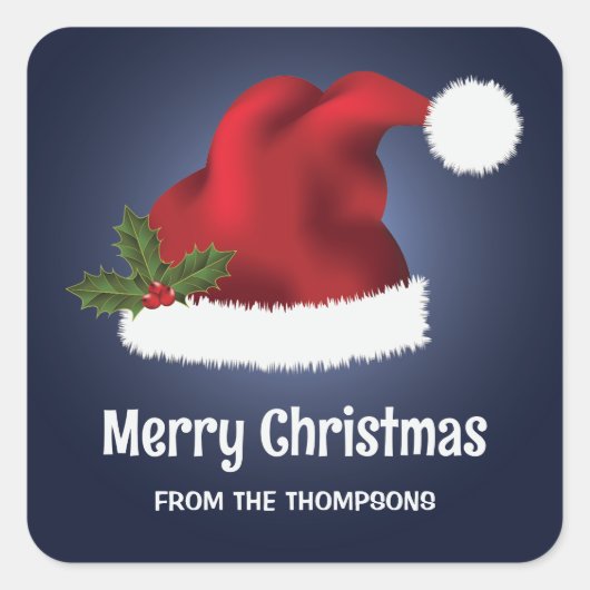Rode Kerstmuts op Blauw met Aangepaste Tekst Vierkante Sticker (Voorkant)