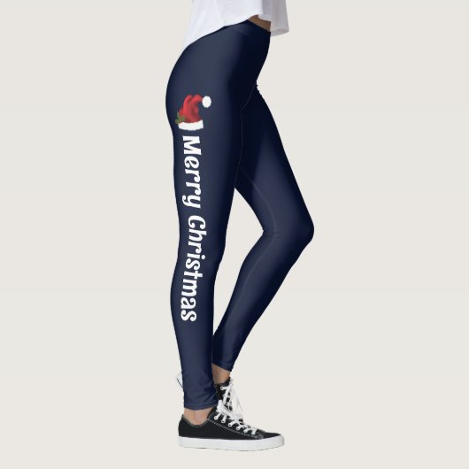Rode kerstmuts op blauw met vrolijk kerstfeest tek leggings (Rechts)