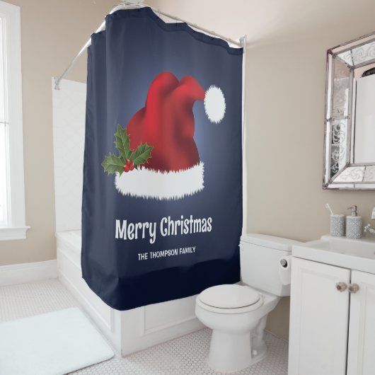 Rode Kerstmuts op een blauwe achtergrond met tekst Douchegordijn (In situ)