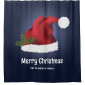 Rode Kerstmuts op een blauwe achtergrond met tekst Douchegordijn (Voorkant)