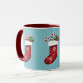 Rode Kerstmutsen op Blauw met Aangepaste Naam Mok (Voorkant links)