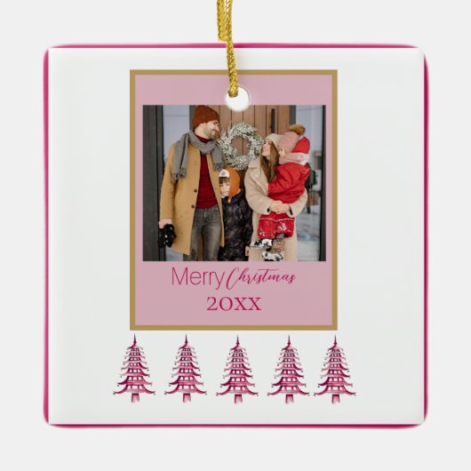Rode Kerstpagode Bomen 1-Foto Lijst Keramisch Ornament (Voorkant)
