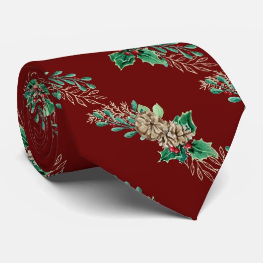 Rode kerstpine Cones Holly Foliage Striped Stropdas (Opgerold)