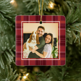 Rode kerstplaid één foto gepersonaliseerde Kerstmi Keramisch Ornament