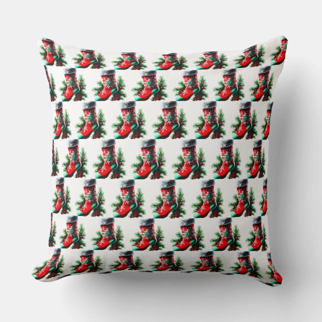 Rode kerstschoen met een kerstboom kussen (Voorkant)