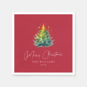 Rode kerstservetten versierd met kerstbomen servet (Voorkant)