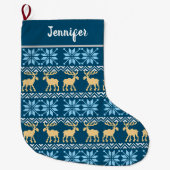 Rode kerstsnowflakes Elk noords blauw patroon Grote Kerstsok (Voorkant)