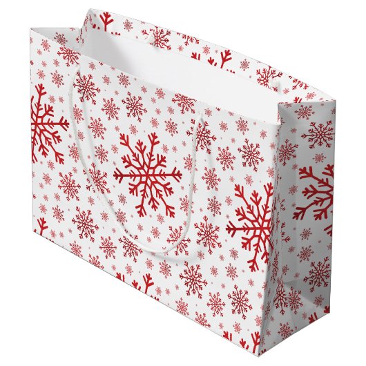 rode kerstsnowflakes op winterwit groot cadeauzakje (Achterkant Gekanteld)