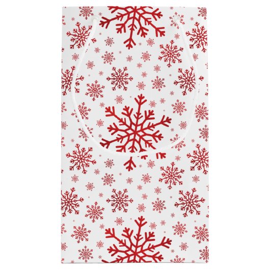 rode kerstsnowflakes op winterwit klein cadeauzakje (Achterkant)