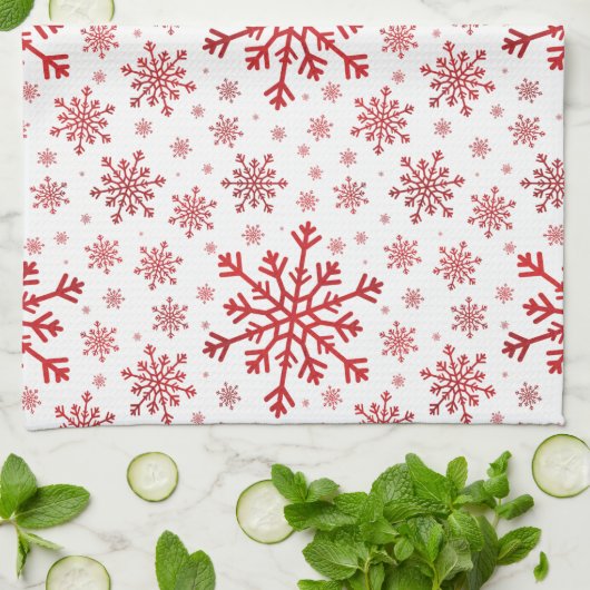  rode kerstsnowflakes op winterwit theedoek (Gevouwen)