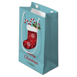 Rode Kerstsok op Blauw met Aangepaste Tekst Klein Cadeauzakje