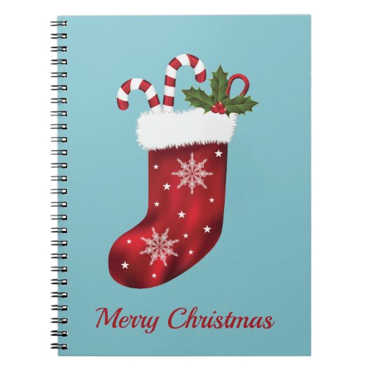 Rode Kerstsok Op Blauwe Achtergrond Met Aangepaste Notitieboek (Voorkant)