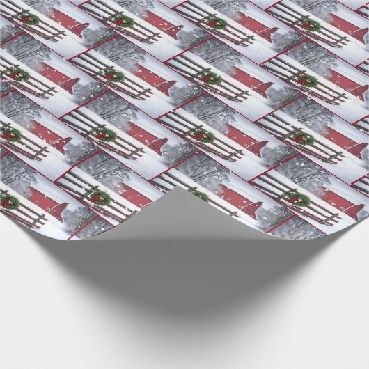 Rode kerststal in sneeuw cadeaupapier (Hoek)