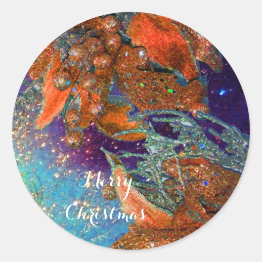 RODE KERSTSTER, ELEGANTE BLOEM IN BLAUWE SPARKLES RONDE STICKER (Voorkant)