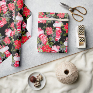 Rode Kerstster Kerstsokken Zwart Bloemmotief Cadeaupapier