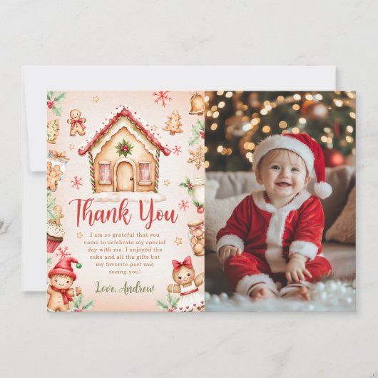 Rode kerststol verjaardagsfeest foto bedankkaart (Voorkant)