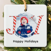 Rode Kerststrepen Foto Joy Typografie Keramisch Ornament