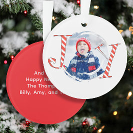 Rode Kerststrepen Foto Joy Typografie Ornament