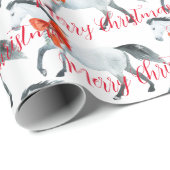 Rode Kerststrikken op witte paarden Vrolijk Kerstf Cadeaupapier (Rol Hoek)