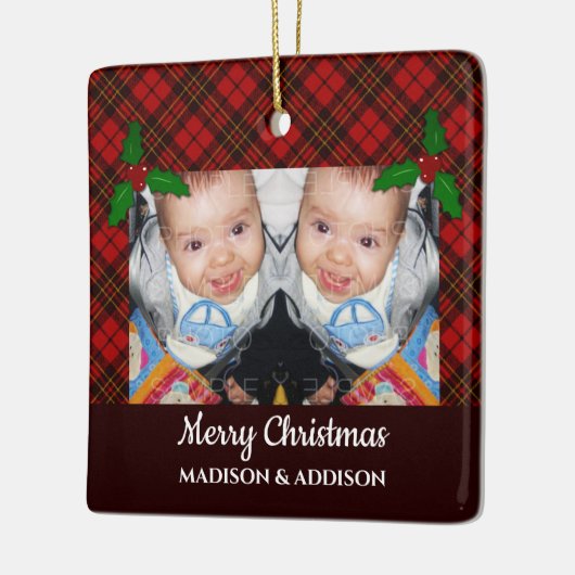 Rode kersttaartenpatroon Persoonlijke foto Keramisch Ornament (Links)
