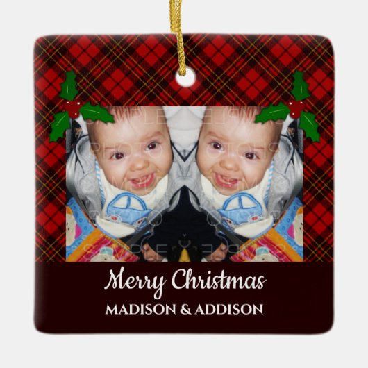 Rode kersttaartenpatroon Persoonlijke foto Keramisch Ornament (Voorkant)