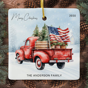 Rode Kersttruck Boerderij USA Vlag Keramisch Ornament