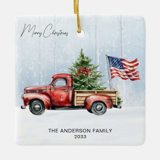 Rode Kersttruck Boerderij USA Vlag Keramisch Ornament (Voorkant)