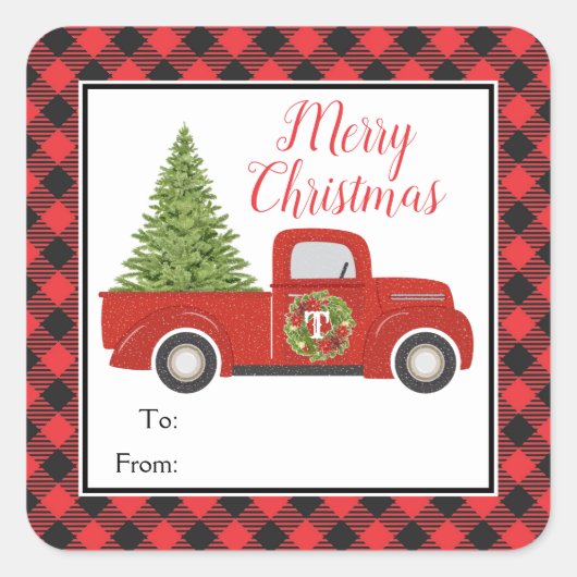 Rode Kersttruck Buffalo Plaid Cadeau Van Aan Vierkante Sticker (Voorkant)