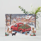 Rode kersttruck in dorp met puppy's feestdagenkaart (Staand voorkant)