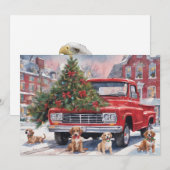 Rode kersttruck in dorp met puppy's feestdagenkaart (Voorkant / Achterkant)