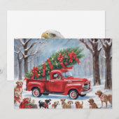 Rode kersttruck in het besneeuwde bos met honden feestdagenkaart (Voorkant / Achterkant)
