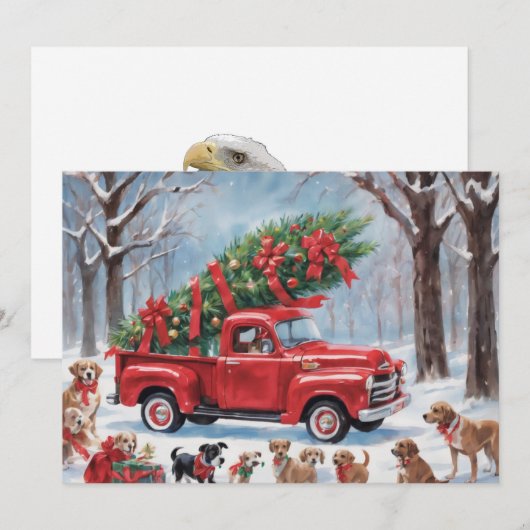 Rode kersttruck in het besneeuwde bos met honden feestdagenkaart (Voorkant / Achterkant)
