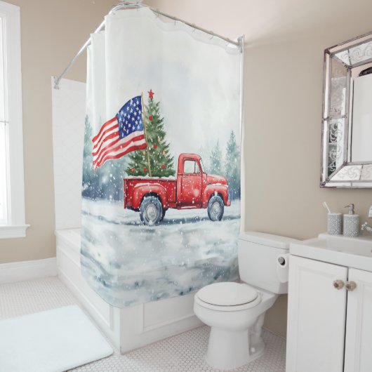  rode kersttruck kerstboomvlag douchegordijn (In situ)