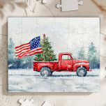 rode kersttruck kerstboomvlag legpuzzel<br><div class="desc">rode kersttruck met een kerstboom en een kerstdouchegordijn met Amerikaanse vlag is een feestelijke manier om je liefde voor Amerika te shows en de feestdagen te vieren.</div>