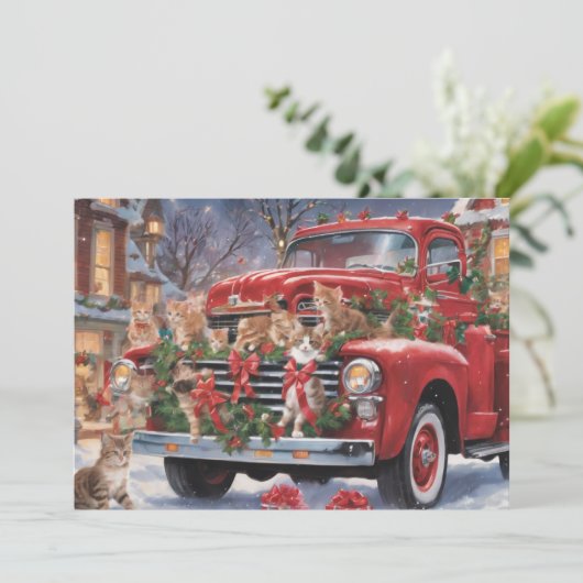 Rode Kersttruck met Kittens Feestdagenkaart (Staand voorkant)