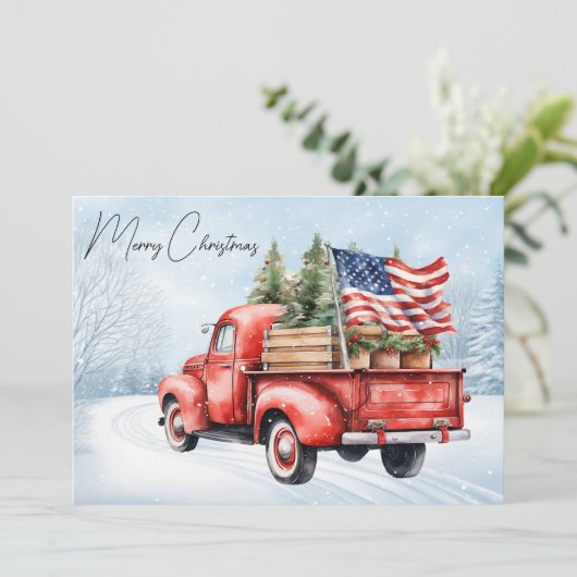  rode kersttruck VS Vlag Patriottisch Feestdagenkaart (Staand voorkant)