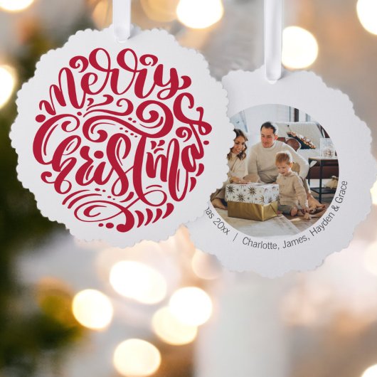Rode kersttypografie - Aangepaste foto Ornament Kaart