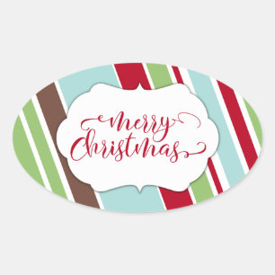 Rode Kersttypografie met diagonale strepen Ovale Sticker